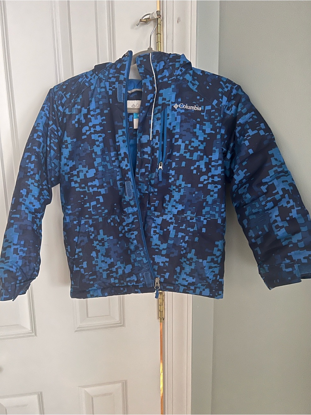 Columbia Boys' Blue and Black Pixel Camo Hooded Puffer Jacket